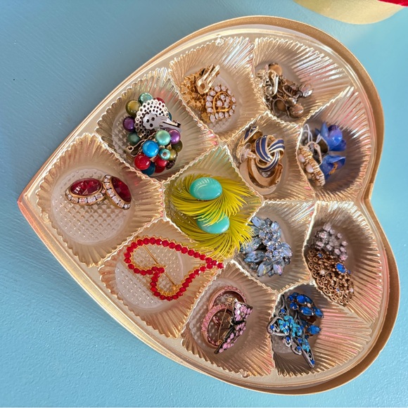 Red Heart-Shaped Velvet Box filled with earrings and brooches. - Picture 2 of 5